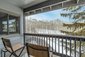 The private patio offers views of the mountains and aspen grove.
