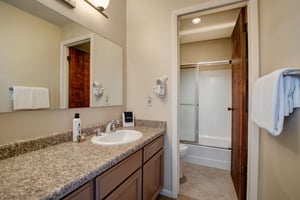 The loft bathroom has a bathtub and shower combination and single sink vanity.