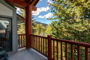 The private deck has views of the mountain and beautiful trees.