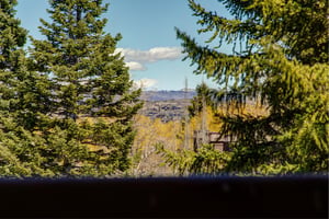 Snow Flower 31s deck with wooden railing and evergreen trees and blue sky beyond.
