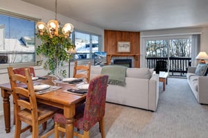 The open concept living room and dining area.