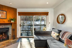 The living room has comfortable couches, gas burning fireplace and views of the aspen grove.