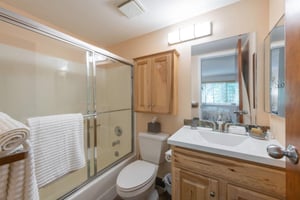 Main bathroom with a bathtub and shower combination.