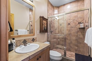 The en suite bathroom has a walk in shower and single sink vanity.