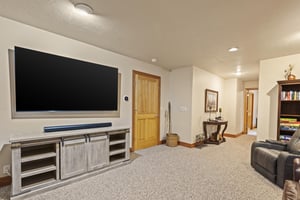 A second living area on the lower level has comfortable seating and a flat screen TV.