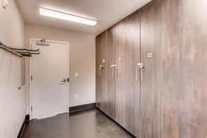 Rio Grande vacation rental locker room with tall wooden cabinets.