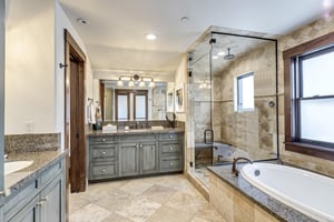 Ensuite full main bath with sunken tub  glass encased rainfall shower