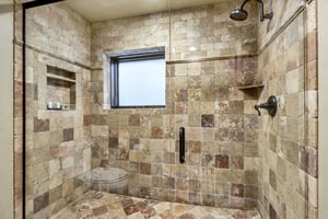 Shower with opaque window for natural light and glass shower door