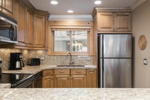 The wellequipped kitchen.
