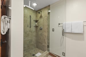 The en suite bathroom has a walkin shower.