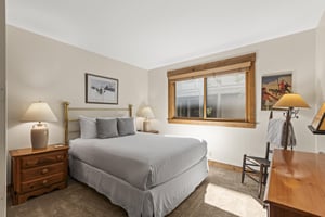 The bedroom offers a queen size bed.
