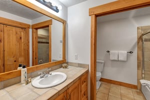 The en suite bathroom has a single sink vanity and separate water closet.