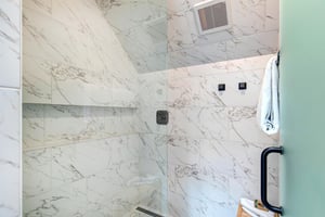 The walk in shower with European glass door.