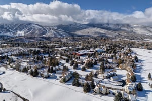 An arial view of Park City and Racquet Club 60 in winter.