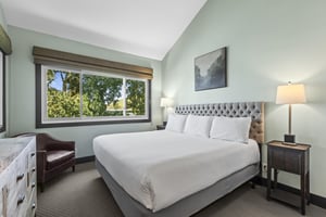 The main suite has a king size bed and large window with many trees outside.