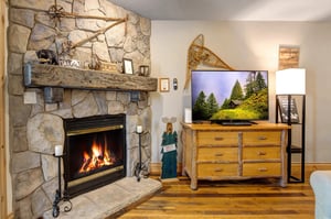 The cozy gas burning fireplace and flat screen TV.
