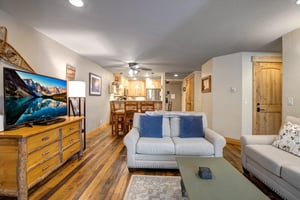 The open concept living room, dining area, and kitchen.