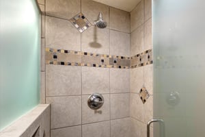 The walkin shower with detailed tile work.