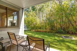 The private patio overlooking a aspen grove and green lawn.
