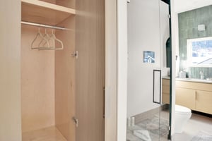 The apres room common area bathroom has a wood lined closet, walk in shower, and wood vanity with deep green tile backsplash.