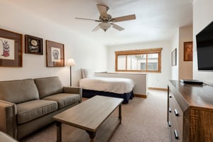 Loft area with twin bed and second living room with a TV.