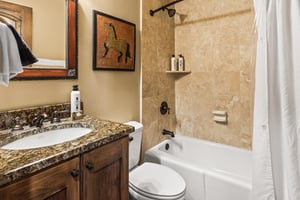 Step into your private sanctuary where warm walls and rich granite countertops create an elegant spalike retreat.