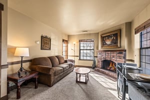 The living room with a leather sofa and a chair in the corner.