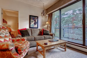 The living room offers a sofa sleeper, and large windows looking out to a private balcony.