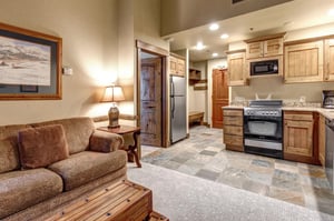 The openplan living space flows seamlessly from plush seating to a fully equipped kitchen.