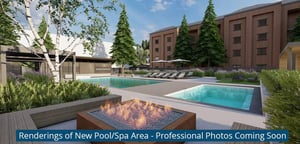 Park Station Courtyard rendering of the pool, spa, and firepit.