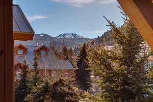 Mountain views from this alpine location showcase snowcapped peaks and traditional chalets nestled among evergreen trees in the surrounding area.