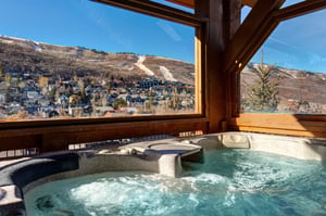 Soak in the bubbling hot tub while taking in breathtaking mountain views through expansive windows  your perfect alpine retreat awaits.
