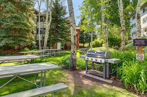 Fire up the grill for your perfect mountain barbecue surrounded by towering aspen trees and lush landscaping.
