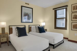 Two twin black and wood framed beds with crisp white linens, blue, grey, and white pillows, and a one large picture above.