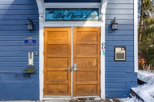 Blue Church Lodge exterior entry double doors