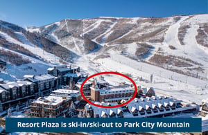An aerial view of Resort Plaza in winter with proximity to slopes at Park City Mountain Resort.