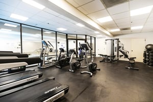 The Resort Plaza fitness center with treadmills, stationary bikes, weight machines, and more.