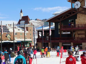 View of Resort Plazas skiinskiout access from the Pay Day lift at Park City Mountain Resort.