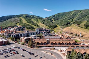 Aerial view Resort Plaza in the summertime with the close proximity to the slope side access at Park City Mountain Resort.