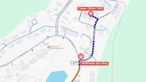 A neighborhood map showing the propertys location and the nearby Wildflower Bus Stop, just a short walk away for easy access to local transportation.