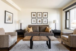 Bright living room with modern wod and metal coffee table, earth tone furnishings with accent cheetah print lounge chairs