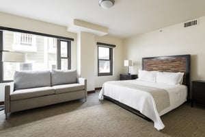 Guest bedroom with queen and grey queen sofa sleeper