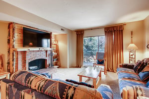 Bright open living room with a large screen TV, wood burning fireplace and comfortable furnishings.