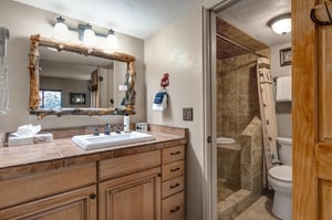 The en suite bathroom with a walk in shower and single sink vanity.