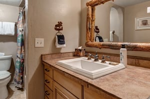 The second bathroom with single sink vanity.