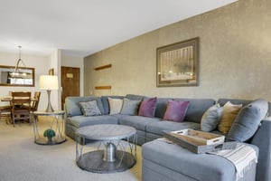 Park Station 122s living room has a grey upholstered sofa, throw pillows, modern round coffee table, and picture on the wall.