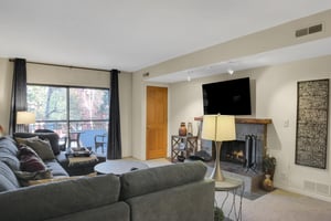 Park Station 122s living room has large sliding glass doors that lead to a patio.