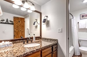 The shared bathroom has a one sink vanity, granite counters and a bathtub and shower combination.