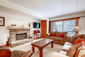 Park Station 134s living room with griege upholstered couch, red throw pillows, large sliding glass doors, and fireplace.
