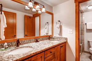 Park Station 134s main bathroom with double sink wood vanity with granite counter, large mirror, and overhead light.